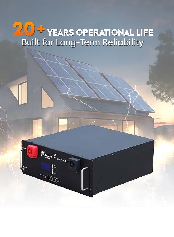 Maxima lithium battery with 51.2V /100Ah capacity, ideal for solar and energy storage applications, featuring integrated BMS and designed for a 20-year operational life. Lithium Batteries for solar. - Image 2